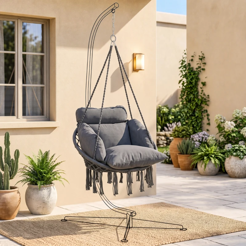 Outsunny Chaise suspendue avec grand coussin rembourré hamac fauteuil suspendu à franges kit de suspension 80 x 60 x 40 cm gris foncé