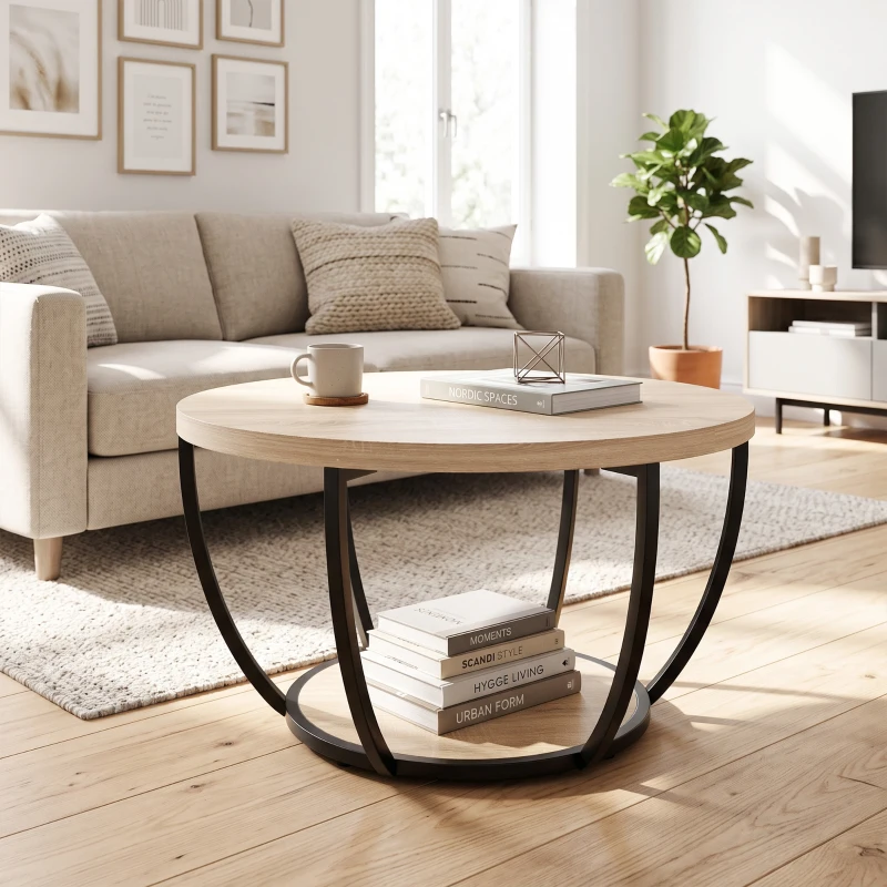 HOMCOM Mesa de Centro Redonda para Sala com Prateleira e Estrutura Metálica 80x80x43,8 cm Carvalho
