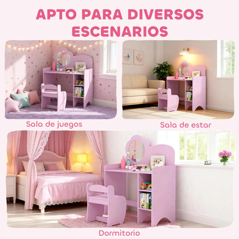AIYAPLAY Tocador Infantil con Taburete y Espejo en Forma de Flor con Estantes Abiertos para Niños y Niñas de 3-8 Años Morado