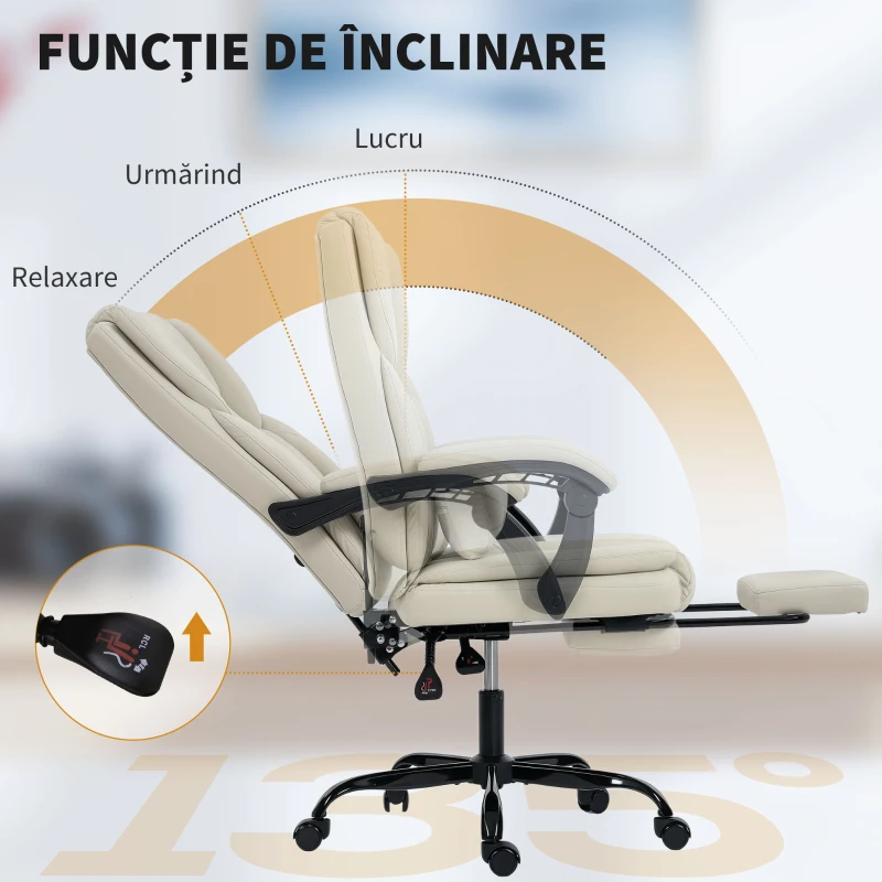 HOMCOM Scaun de birou reclinabil din piele ecologică, cu suport pentru picioare și roți, 65x67x111-119 cm, bej