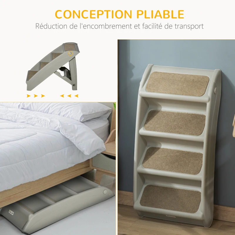 PawHut Escalier pour chien pliant à 4 marches antidérapantes escalier pour animaux en plastique 62 x 38 x 49,5 cm gris