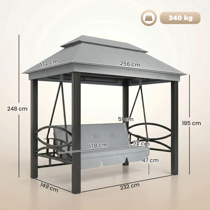 Outsunny 3 Seater Swing Chair 3-in-1 Convertible Garden Swing Seat Bed Gazebo Patio Bench Outdoor with Double Tier Canopy, Cushioned Seat, Mesh Sidewalls, Grey