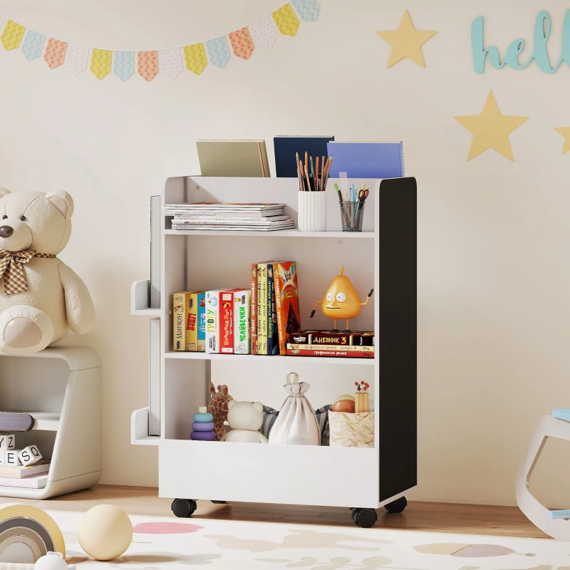AIYAPLAY Bibliothèque pour enfant avec roulettes, rangement livre enfant de 3 à 8 ans avec tableau noir, 66,5x32,5x86,5cm, blanc