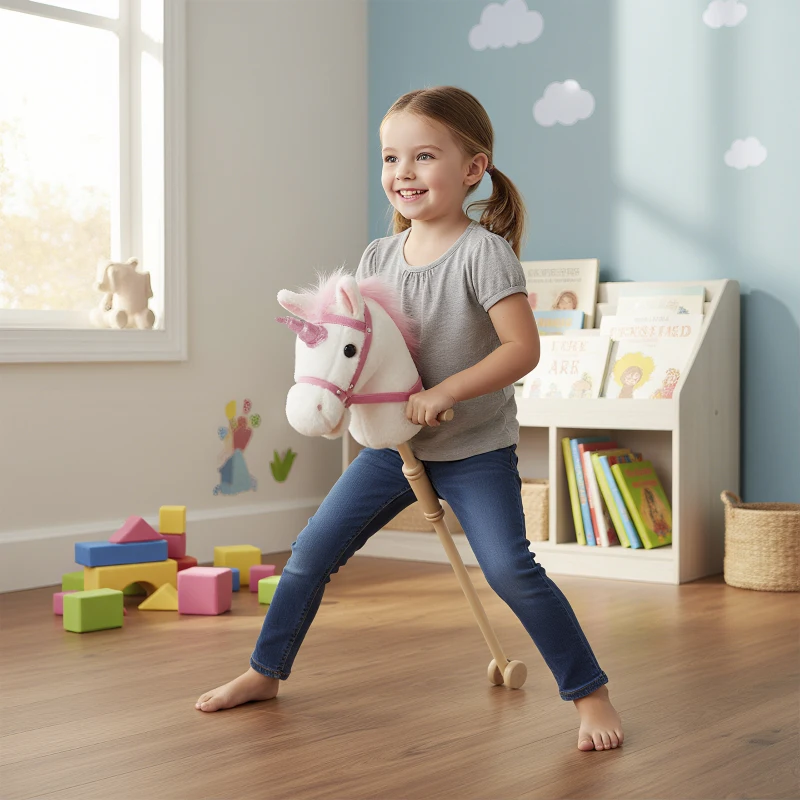AIYAPLAY Unicorn Stick Horse with Wood Wheels, Real Pony Neighing and Galloping Sounds, Grip Handle, 95 cm, White