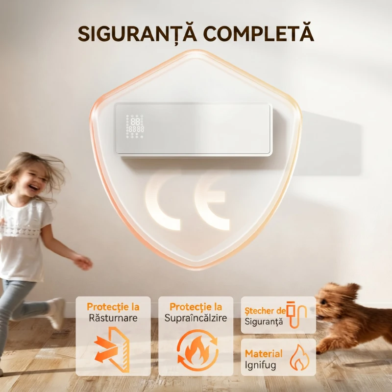 HOMCOM Aerotermă Electrică din Ceramică 2000W de Perete cu 3 Moduri, Temperatura Reglabilă, Timer, Telecomandă, Blocare pentru Copii, Alb