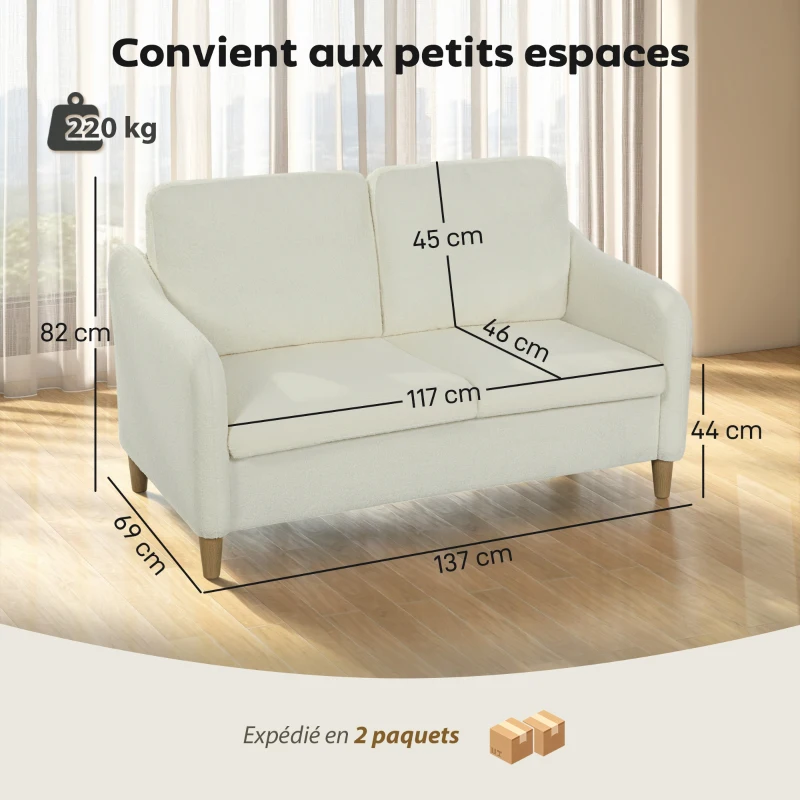 HOMCOM Canapé 2 places, canapé de salon en tissu bouclette avec coussins inclus, assise rembourrée, 137 x 69 x 82 cm, crème
