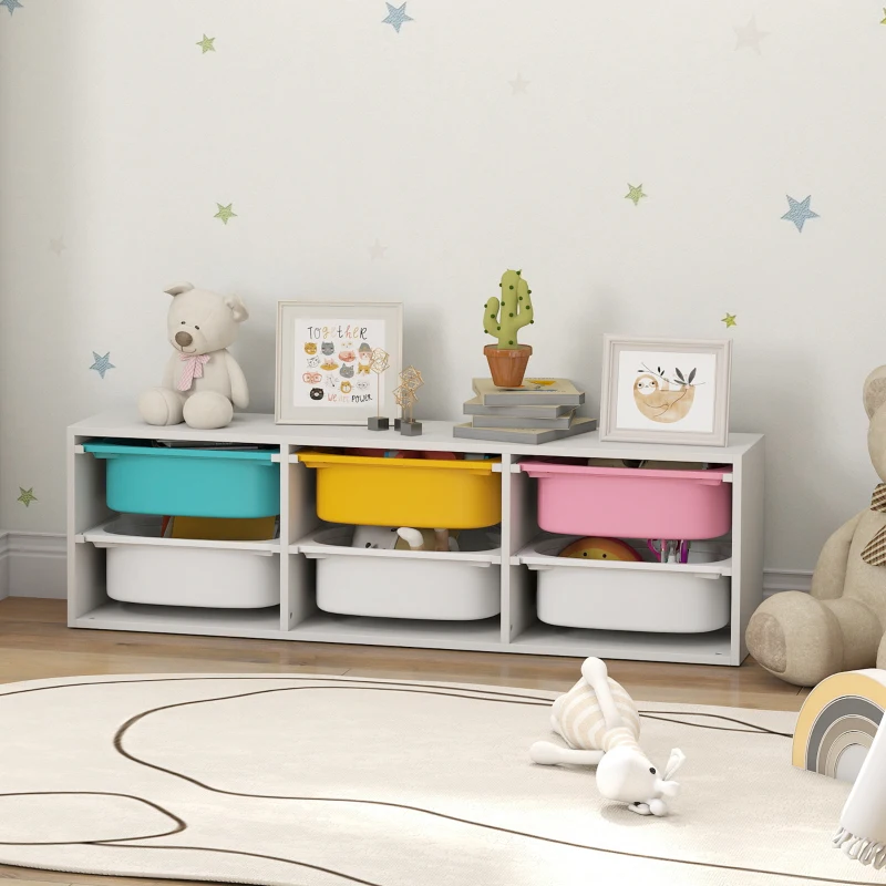 AIYAPLAY Raft pentru Jucării din Lemn cu 6 Recipiente Detașabile din Plastic, Multicolor