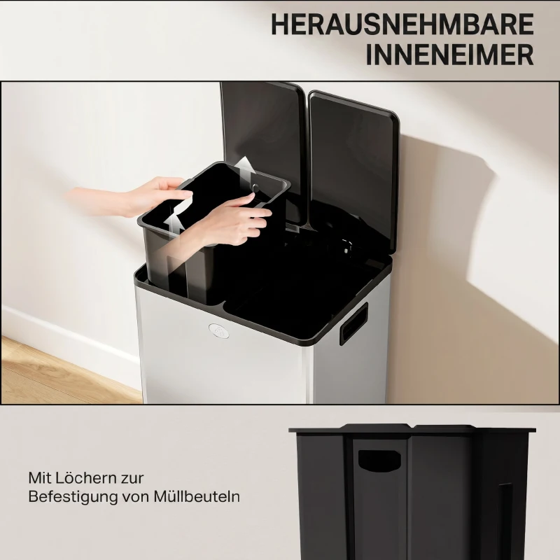HOMCOM 2 x 28 L Doppelmülleimer, Pedalöffnung, leicht zu reinigen, Edelstahl, Kunststoff, Silber