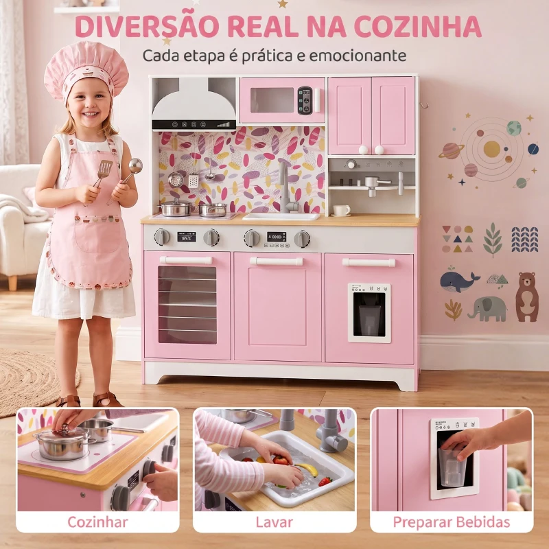 AIYAPLAY Cozinha de Madeira com Acessórios em Aço Inoxidável, Máquina de Café, Máquina de Gelo, Lava-loiça e Fogão Rosa