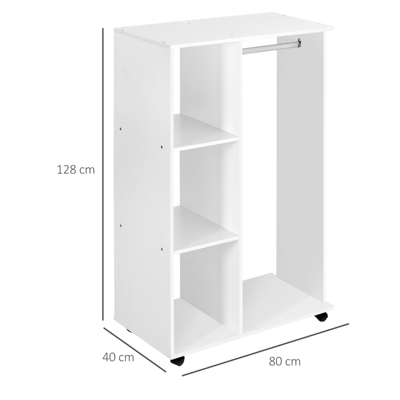 HOMCOM Open Wardrobe on Wheels, Bedroom Wardrobe with Clothes Hanging Rail, 3 Storage Shelves, Mobile Garment Rack for Cloakroom, Hallway, White