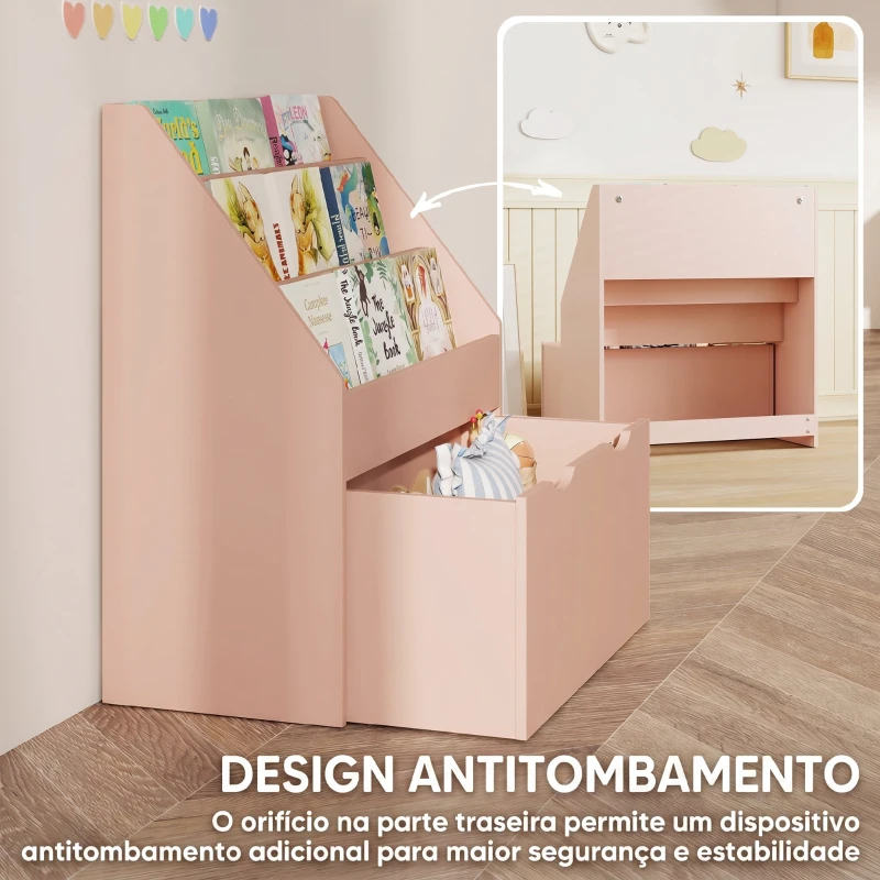 AIYAPLAY Estante para Livros Infantil de 4 Níveis com 3 Prateleiras e 1 Gaveta com Rodas 62,5x30x70 cm Rosa