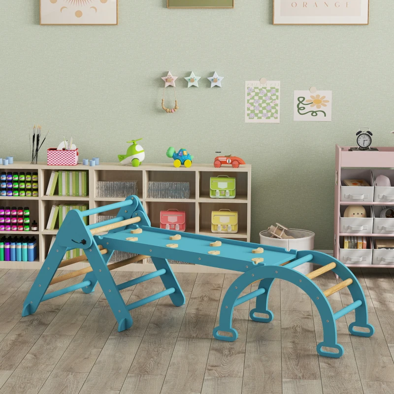 AIYAPLAY Triângulo de Escalada 7 em 1 com Arco e Rampa Escalada para Crianças de Madeira Dobrável para 18-48 Meses 188x70 cm Azul