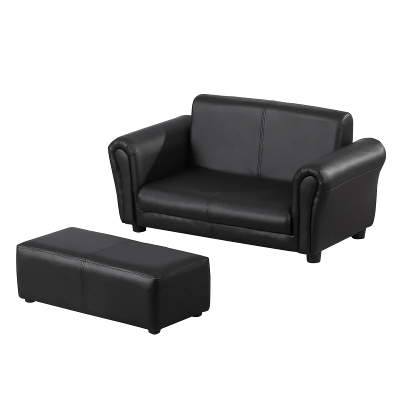 HOMCOM Kids Sofa Bed Kids Twin Sofa Toddler Chair 2 Seater Kids Twin Sofa Chair Boys Girls Couch w/ Footstool (Black)