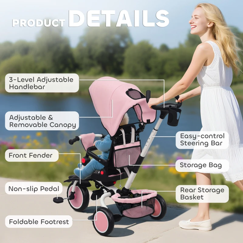 AIYAPLAY Tricycle bébé évolutif 6 en 1, tricycle enfant pliable avec poignée parentale réglable, siège pivotant 360°, rose