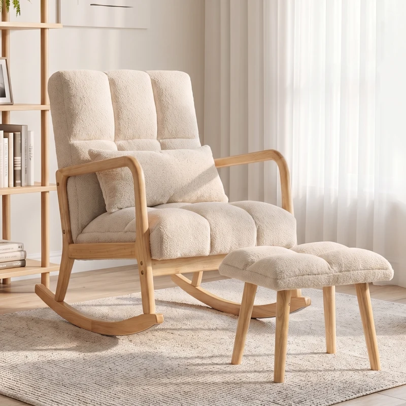 HOMCOM Fotoliu balansoar cu ottoman, rocking chair din țesătură bouclette, picioare din lemn, 64,5 x 82 x 89 cm, Bej