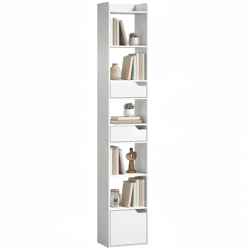 HOMCOM Bibliothèque étagère de rangement étroite, 32x24x181,5cm avec porte 2 tiroirs compartiments ouverts, blanc