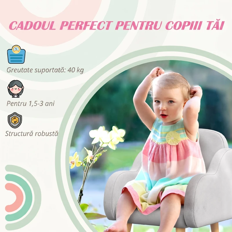ZONEKIZ Fotoliu pentru Copii până la 3 Ani cu Brațe cu Model de Nor din Material Textil, 46x51x55cm, Gri