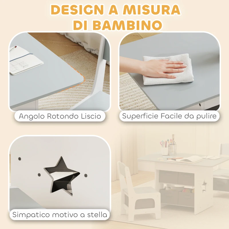 AIYAPLAY Set Tavolo e Sedie per Bambini 3-8 Anni con 6 Cassetti e Bordi Arrotondati, in Legno e Tessuto, Grigio e Bianco