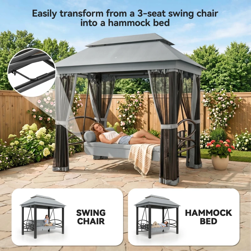Outsunny 3 Seater Swing Chair 3-in-1 Convertible Garden Swing Seat Bed Gazebo Patio Bench Outdoor with Double Tier Canopy, Cushioned Seat, Mesh Sidewalls, Grey