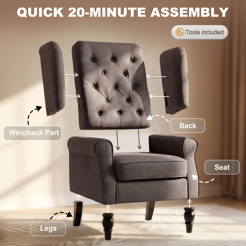 Fabric Tufted Club Accent Sofa Chair Home Décor with Extra Wide Seat, Wooden Legs, Brown