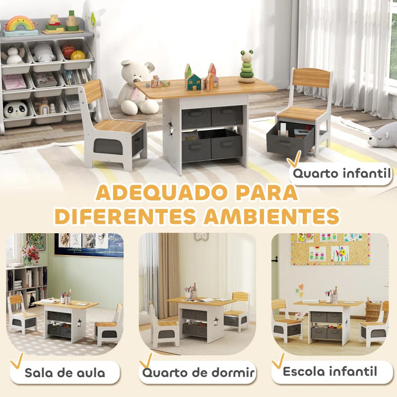 AIYAPLAY Mesa Infantil com 2 Cadeiras Mesa e Cadeiras para Crianças com 6 Gavetas de Tecido Desenho Estrelas Madeira e Branco