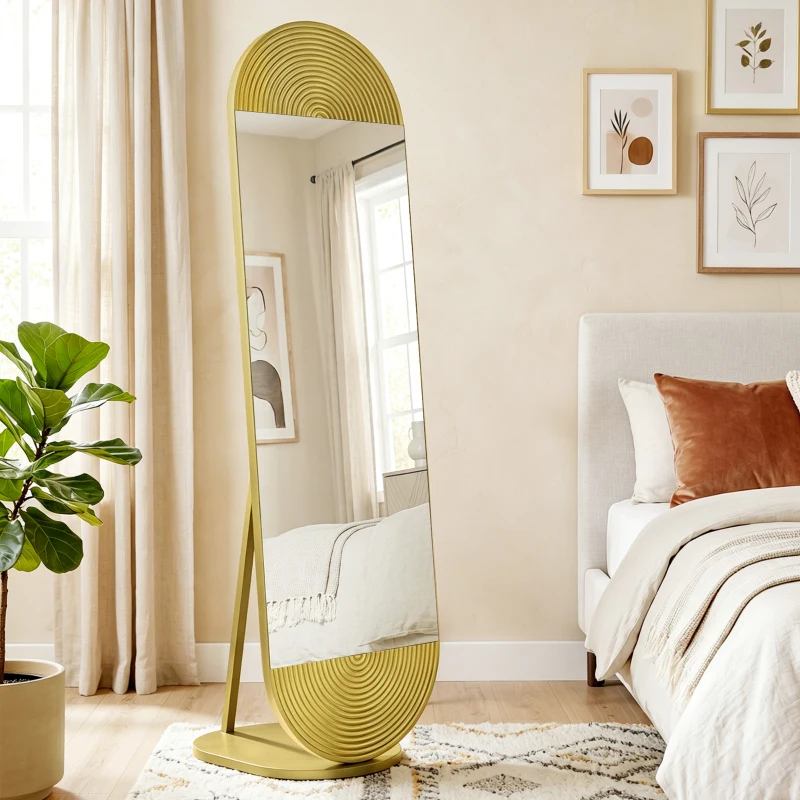 HOMCOM 50 x 161 cm Wavy Full Length Mirror, Free Standing Mirror with Metal Frame and Solid Base, Gold Tone