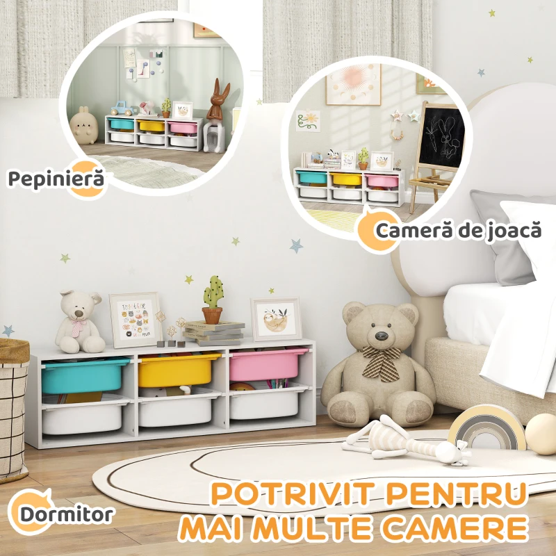 AIYAPLAY Raft pentru Jucării din Lemn cu 6 Recipiente Detașabile din Plastic, Multicolor