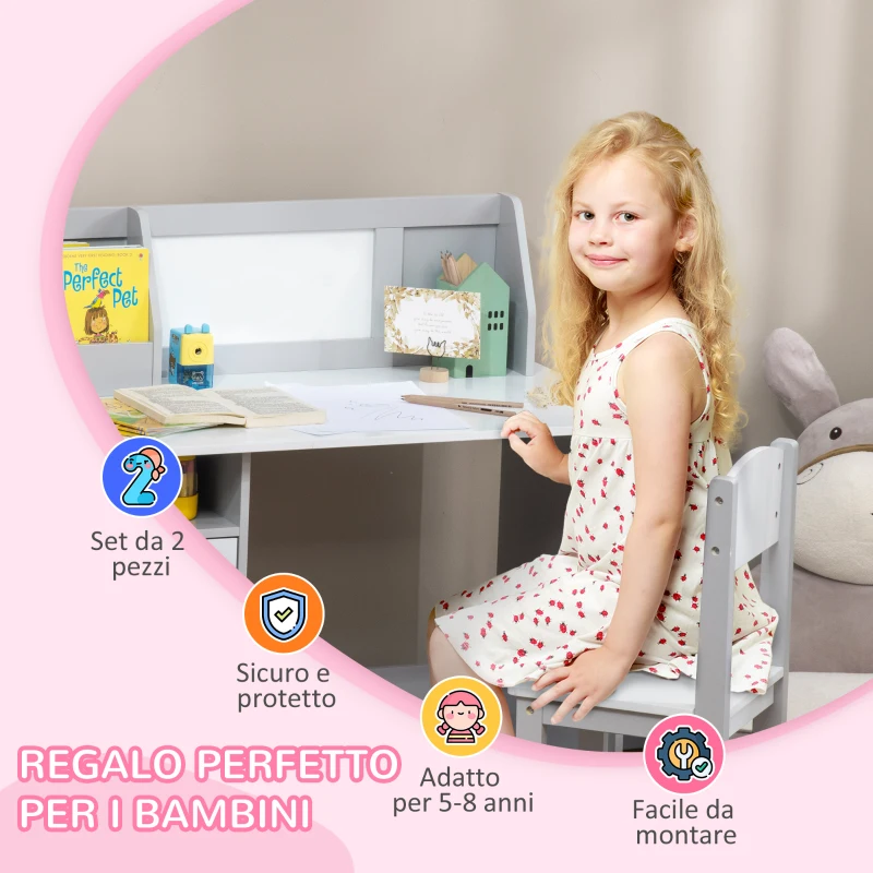 HOMCOM Set Tavolo e Sedie per Bambini 5+ Anni in Legno con Banco Scuola e Sedia Bianco e Grigio