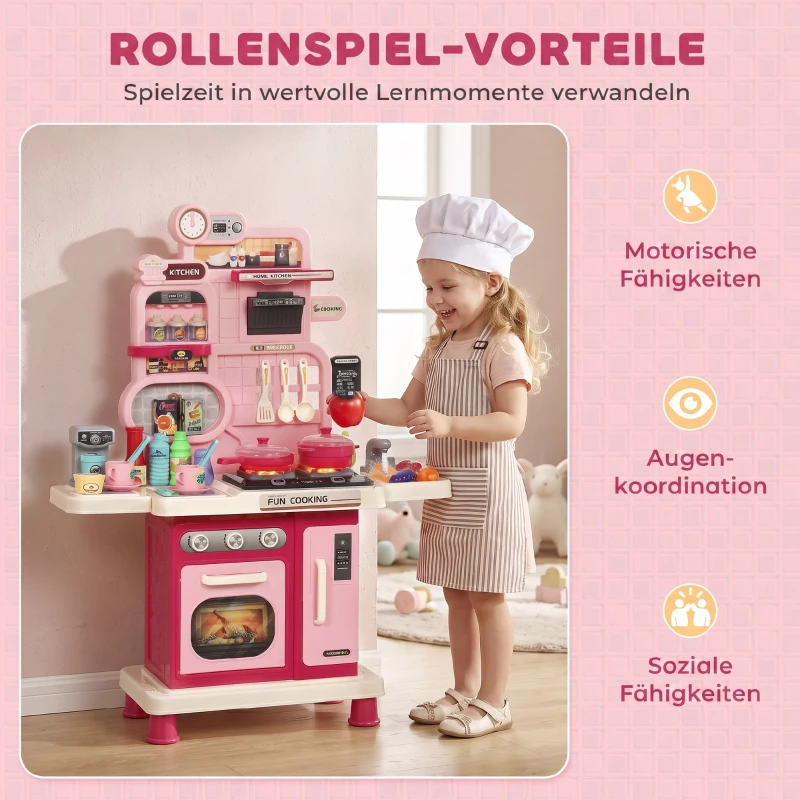 AIYAPLAY Kinderküche Kinder 33-teilig Spielküche Zubehör mit Licht, Sound, Stauraum, Spielspüle, Herd und Backofe 3-6 Jahren