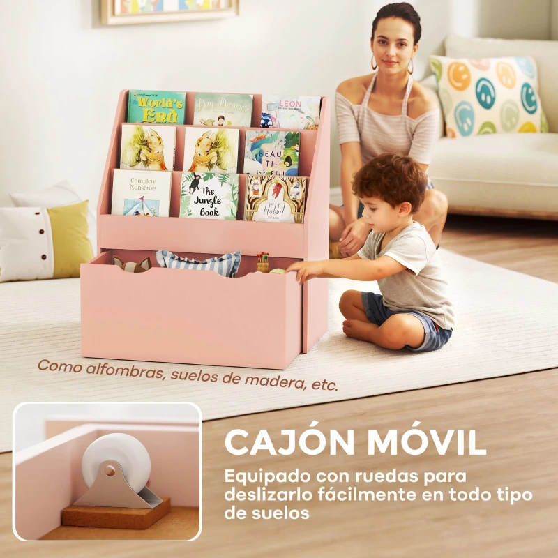 AIYAPLAY Librería Infantil de 4 Niveles Estantería para Libros Infantil con 3 Estantes y 1 Cajón con Ruedas 62,5x30x70 cm Rosa