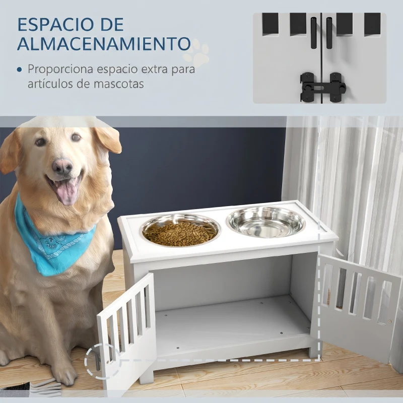 PawHut Comedero Perro Elevado con 2 Cuencos de Acero Inoxidable 2x2 L con Almacenamiento 37L y 2 Puertas con Pestillos Blanco
