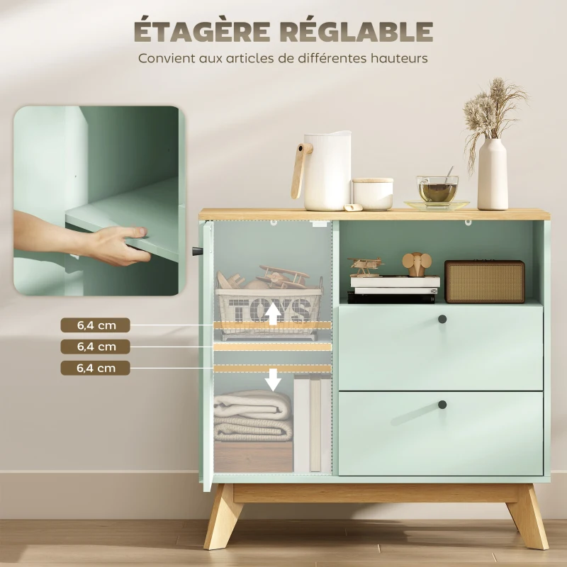 HOMCOM Buffet salon, meuble de rangement avec porte, 2 tiroirs, compartiment ouvert et étagère réglable, vert clair et chêne