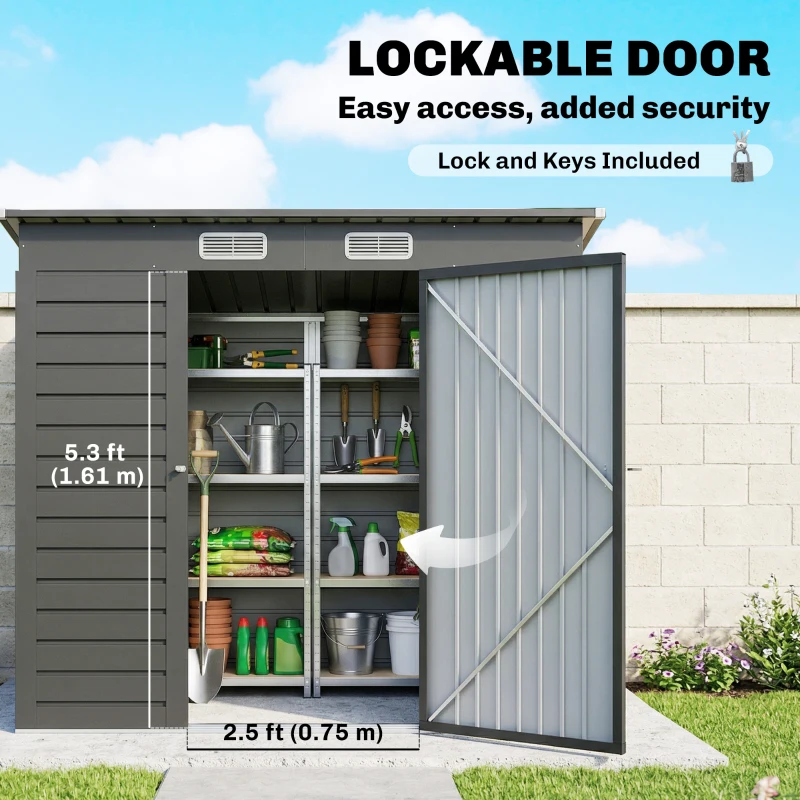 Outsunny 4 x 6ft Galvanised Metal Garden Shed, with Locking Door - Grey
