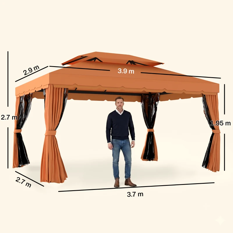 Outsunny Gazebo da Giardino 4x3m con Doppio Tetto e Tende Laterali, Arancione