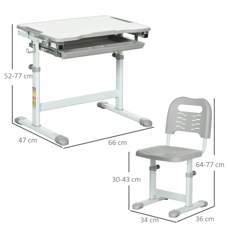 HOMCOM Banco Scuola per Bambini 6-12 Anni con Sedia e Altezza Regolabile, Piano Inclinabile, 66x47x52-77 cm, Grigio