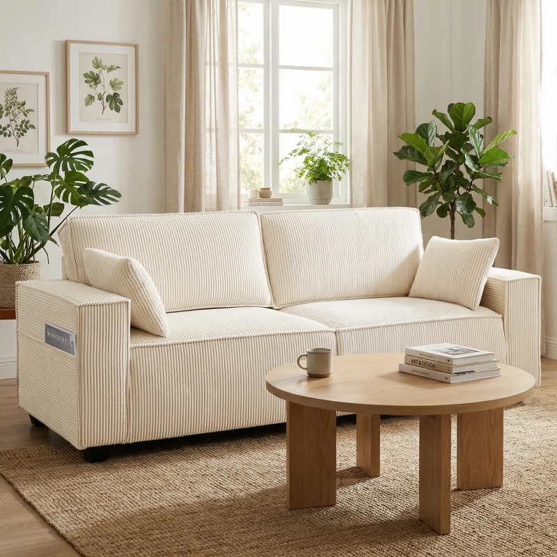 HOMCOM Canapé 3 places en velours côtelé 218 cm, canapé salon,  coussins à ressorts, larges accoudoirs, 2 coussins, beige
