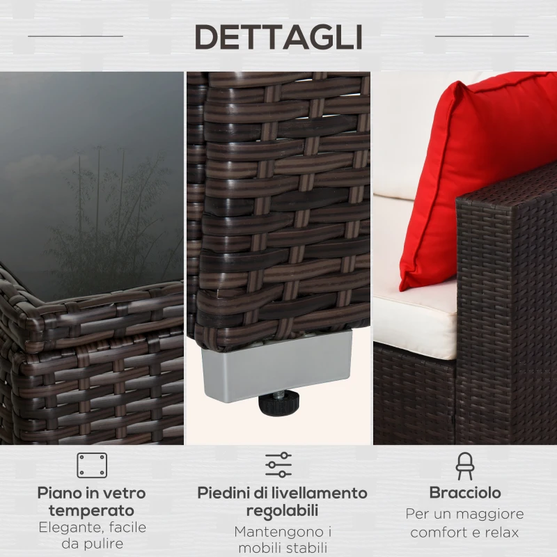 Outsunny Set Mobili da Giardino in Rattan PE 4 Poltrone 1 Pouf 1 Tavolino in Vetro Temperato 2 Cuscini