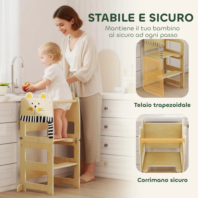 AIYAPLAY Torre Montessoriana Bambini 3 in 1 Pieghevole con Lavagna, Tavolo Sedia, Forma a Gatto, 2-5 Anni, Cucina
