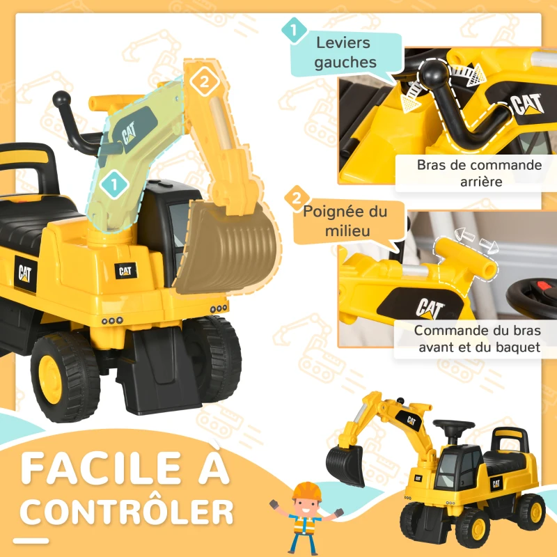 HOMCOM Tractopelle enfant sous licence CAT, porteur enfant, pelle manuelle, klaxon et rangement caché, 85x27,5x47,5cm, jaune