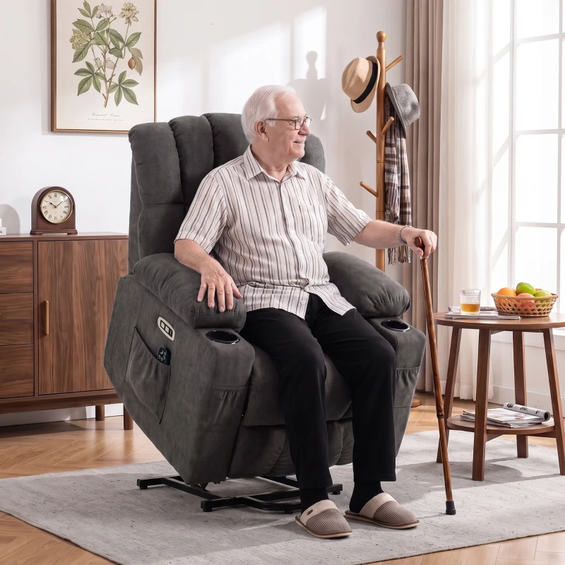 HOMCOM Sillón Relax Reclinable Eléctrico Levanta Personas Masaje Vibratorio y Calor Asiento Ancho USB-C USB-A Bolsillos Negro