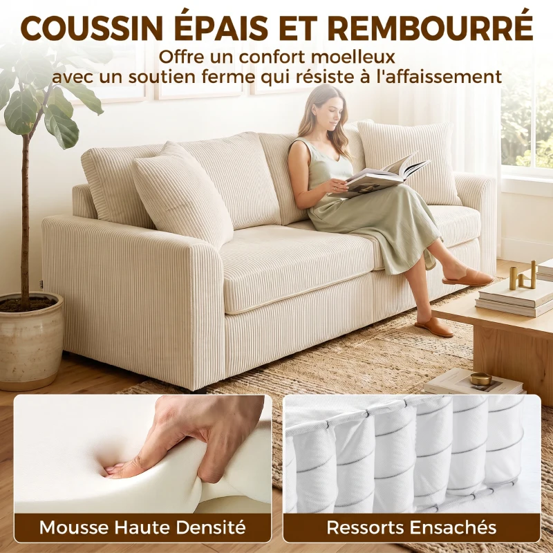 HOMCOM Canapé 3 places 212 cm avec 2 coussins à ressorts, tissu velours côtelé, pour salon, chambre, bureau à domicile, crème(m-5)
