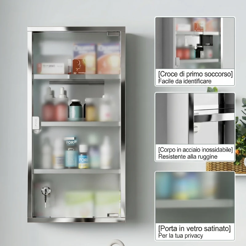 HOMCOM Armario de Medicinas Botiquín Gabinete de Primero Auxilios Acero Inox 4 Estantes Caja Colgante de Pared con Cerradura