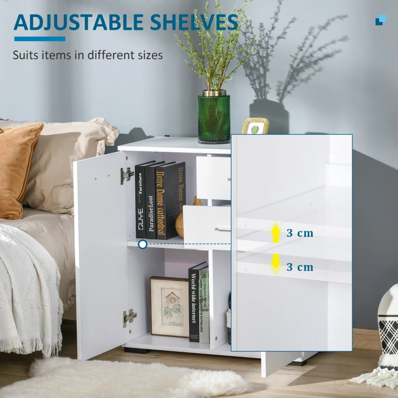 HOMCOM Sideboard, Modern Storage Cabinet with 2 Drawers, 2 Doors and Adjustable Shelf, Kitchen Cabinet for Living Room, Dining Room, High Gloss White