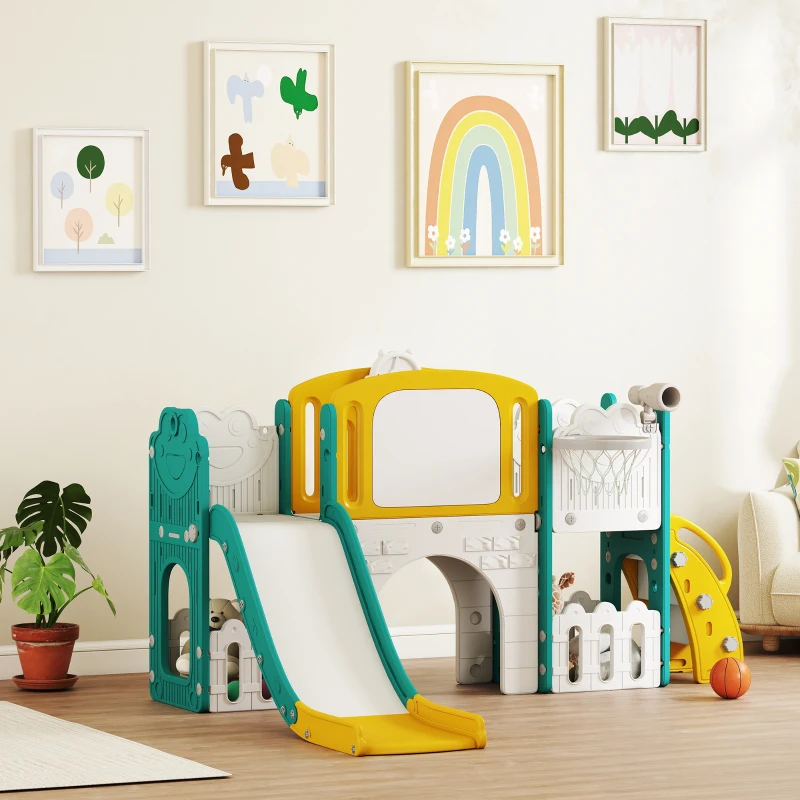 AIYAPLAY Toboggan pour enfant 7 en 1 avec panier de basket, télescope, rangement, tunnel, escalade, tableau de dessin, jaune