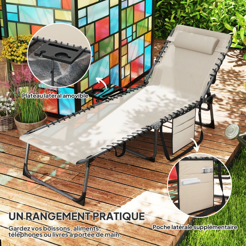 Outsunny Bain de soleil pliante dossier réglable sur 5 niveaux, plateau, appuie-tête, poche latérale 60x190x31cm, crème