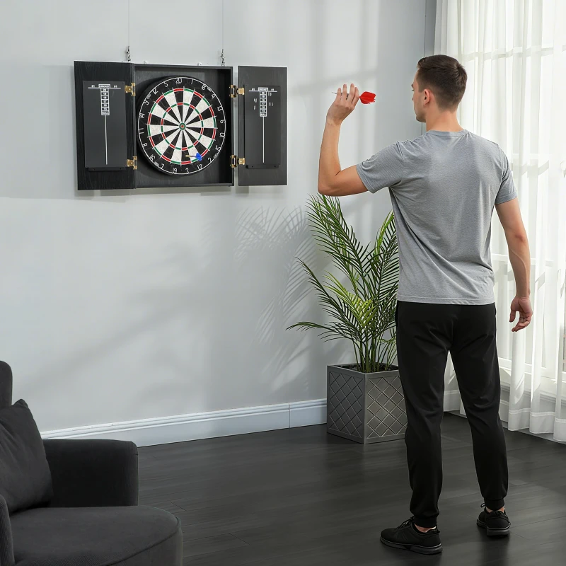 SPORTNOW Cible de Fléchettes en Sisal avec Cabinet, 6 Fléchettes Pointe Acier et 2 Tableaux de Score, 100x55x9cm, Noir