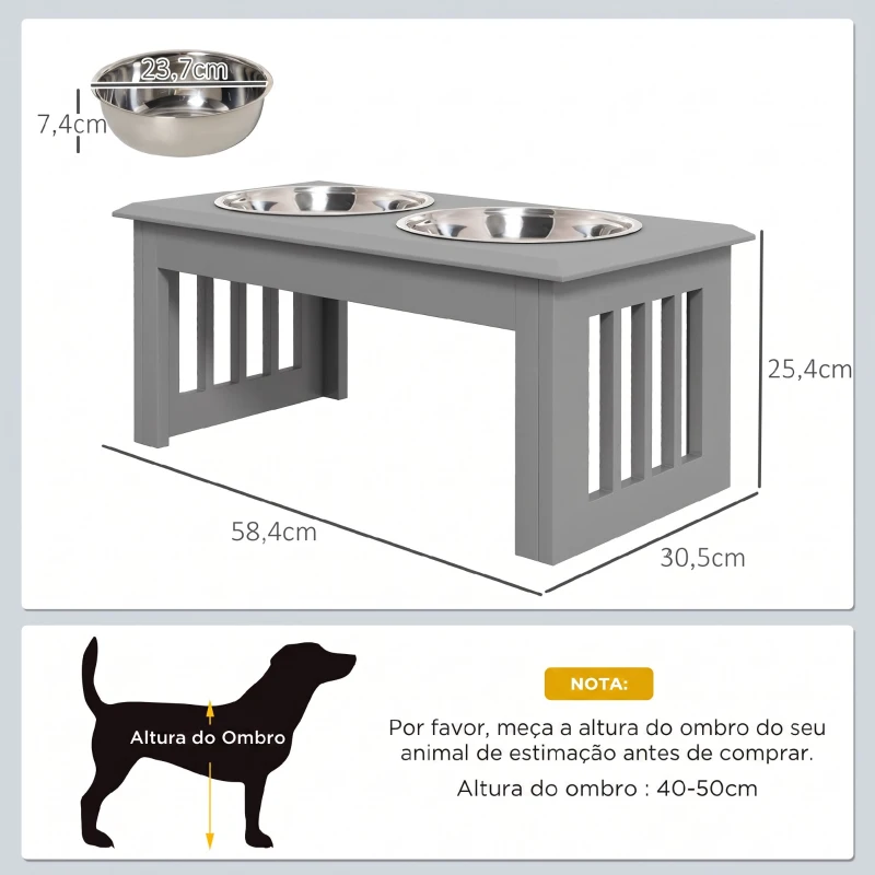 PawHut Comedouro Elevado para Cães com 2 Tigelas Removíveis em Aço Inoxidável, 58,4x30,5x25,4 cm, Cinzento