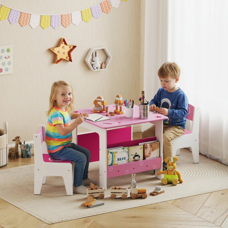 AIYAPLAY Set Tavolo con 2 Sedie per Bambini 3-8 Anni, Tavolino con Scaffale in Legno MDF con Disegni a Cuori, Rosa