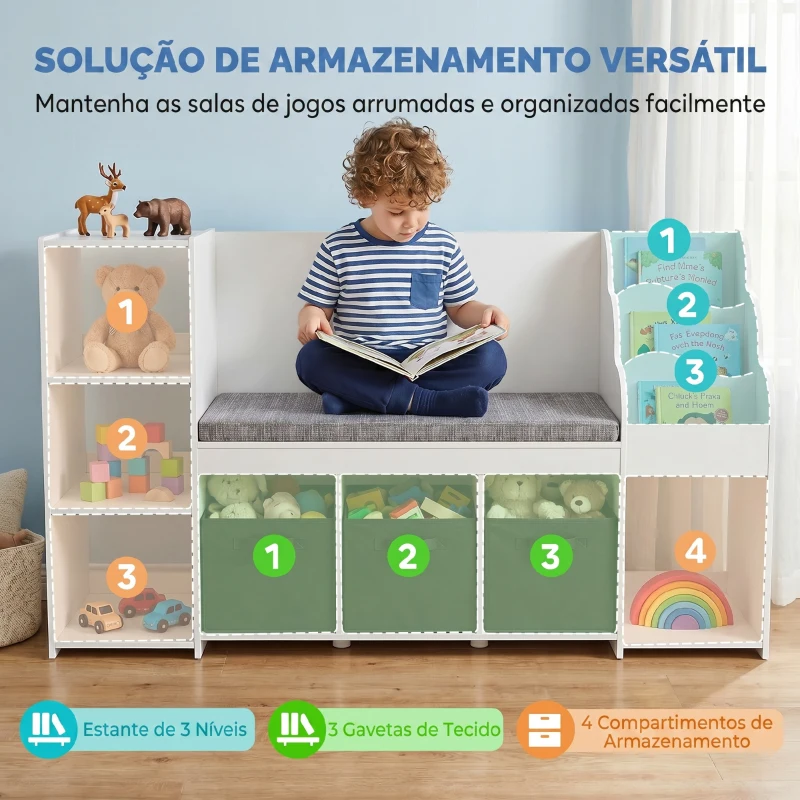 AIYAPLAY Estante Infantil para Brinquedos com Canto de Leitura Almofada 3 Gavetas de Tecido 3 Prateleiras 4 Compartimentos 137x40x80 cm Branco