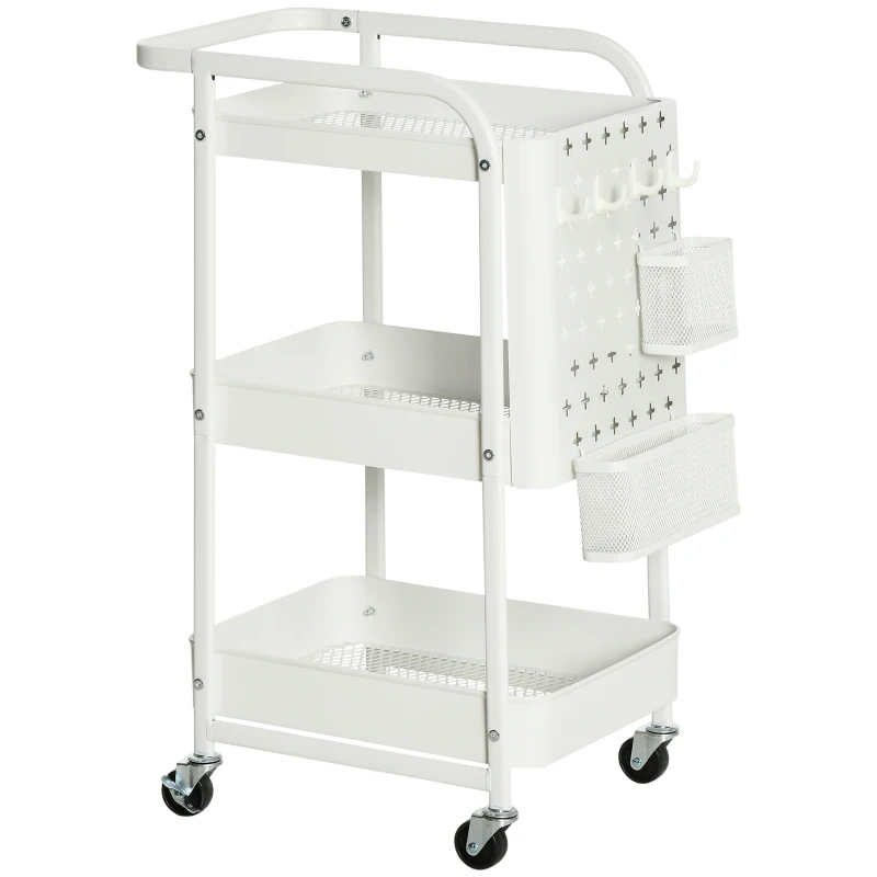 HOMCOM Desserte chariot de rangement en métal chariot de service à roulettes 3 niveaux avec 2 range-couverts 4 crochets